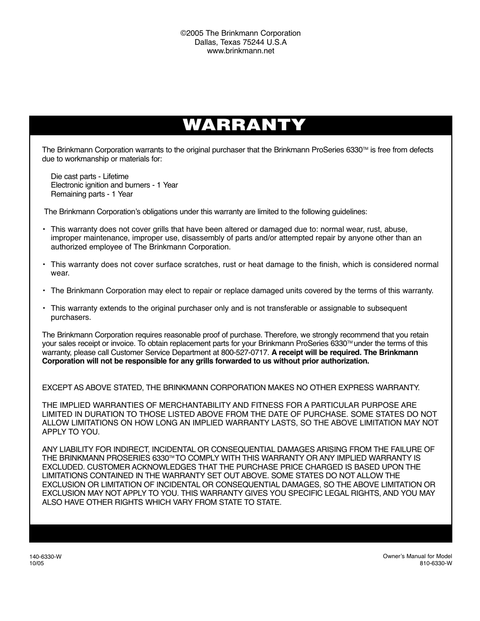 Warranty | Brinkmann 6330 User Manual | Page 36 / 36