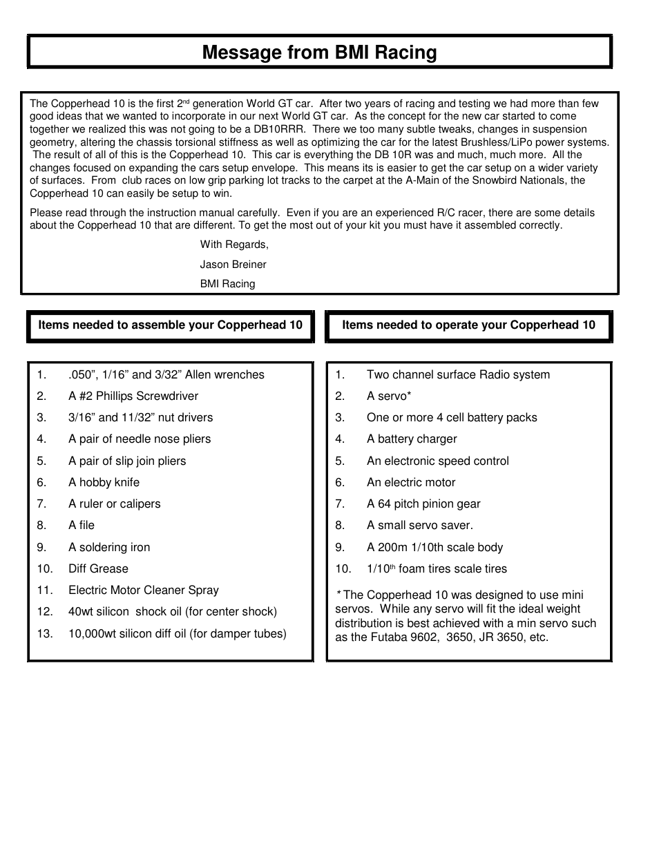 Message from bmi racing | BMI Racing Copperhead 10 User Manual | Page 2 / 12