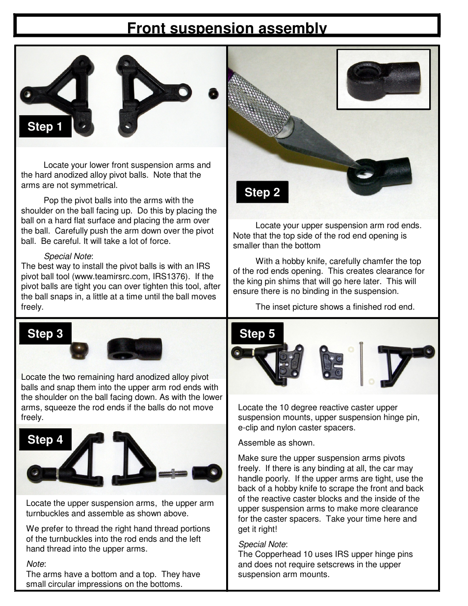 Front suspension assembly, Step 1 step 2, Step 3 step 4 step 5 | BMI Racing Copperhead 10 User Manual | Page 3 / 12