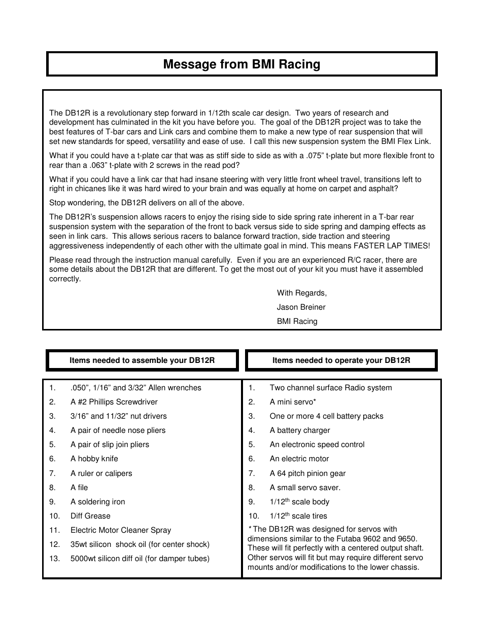 Message from bmi racing | BMI Racing DB12RR User Manual | Page 2 / 10