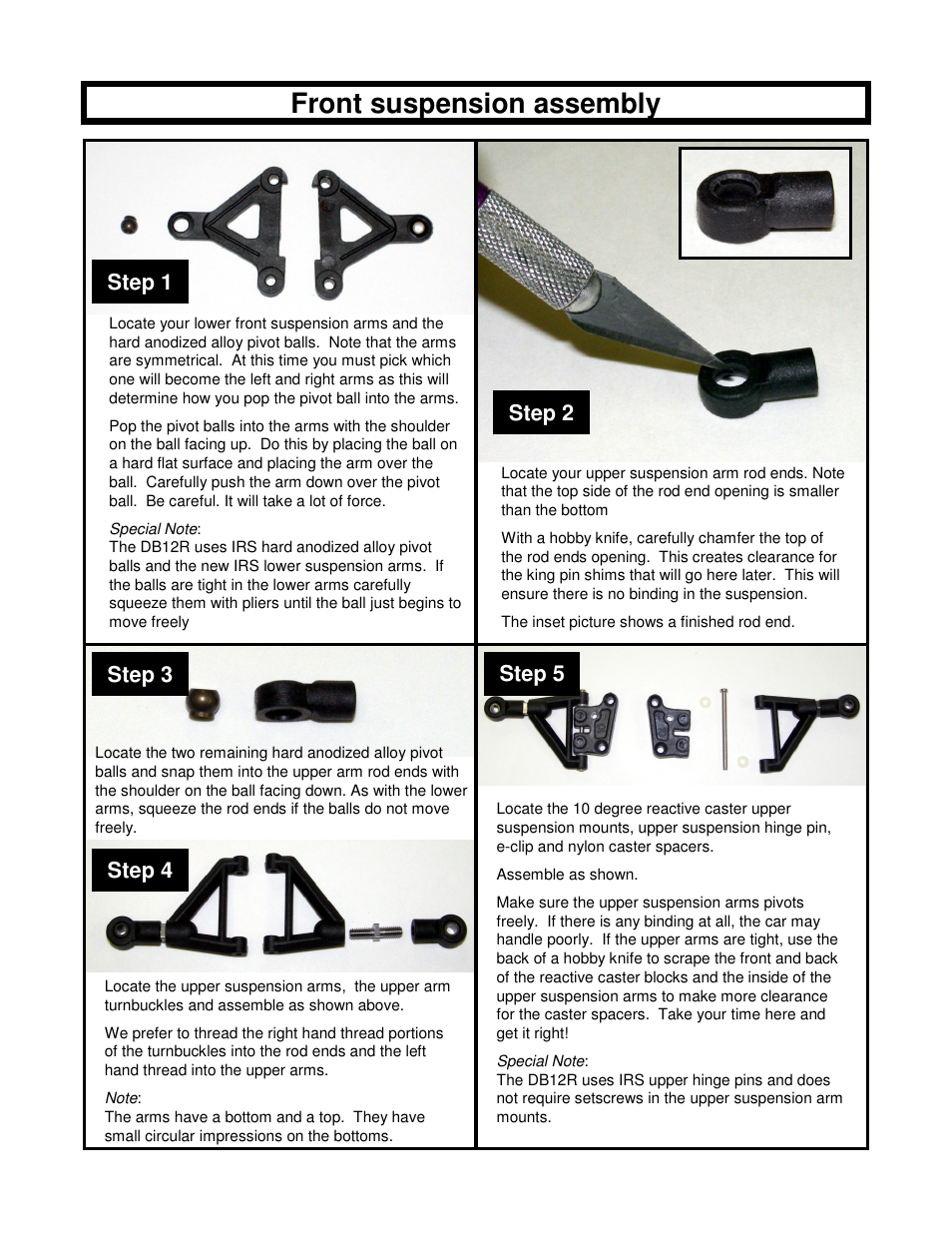 Front suspension assembly, Step 1 step 2, Step 3 step 4 step 5 | BMI Racing DB12RR User Manual | Page 3 / 10