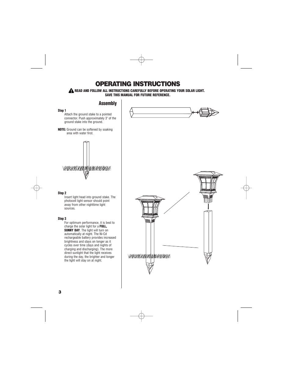 Operating instructions, Assembly | Brinkmann Mini Post Light 822-2500-2 User Manual | Page 4 / 8