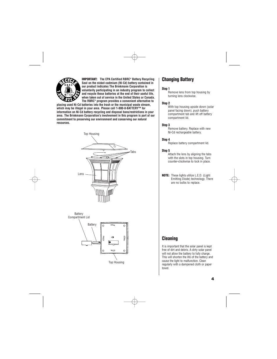 Changing battery, Cleaning | Brinkmann Mini Post Light 822-2500-2 User Manual | Page 5 / 8