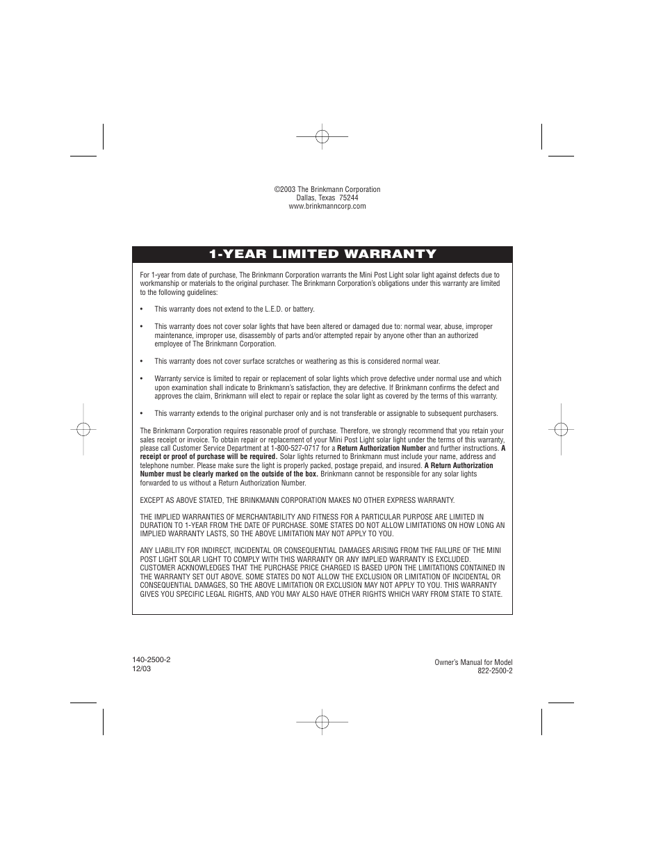 Year limited warranty | Brinkmann Mini Post Light 822-2500-2 User Manual | Page 8 / 8