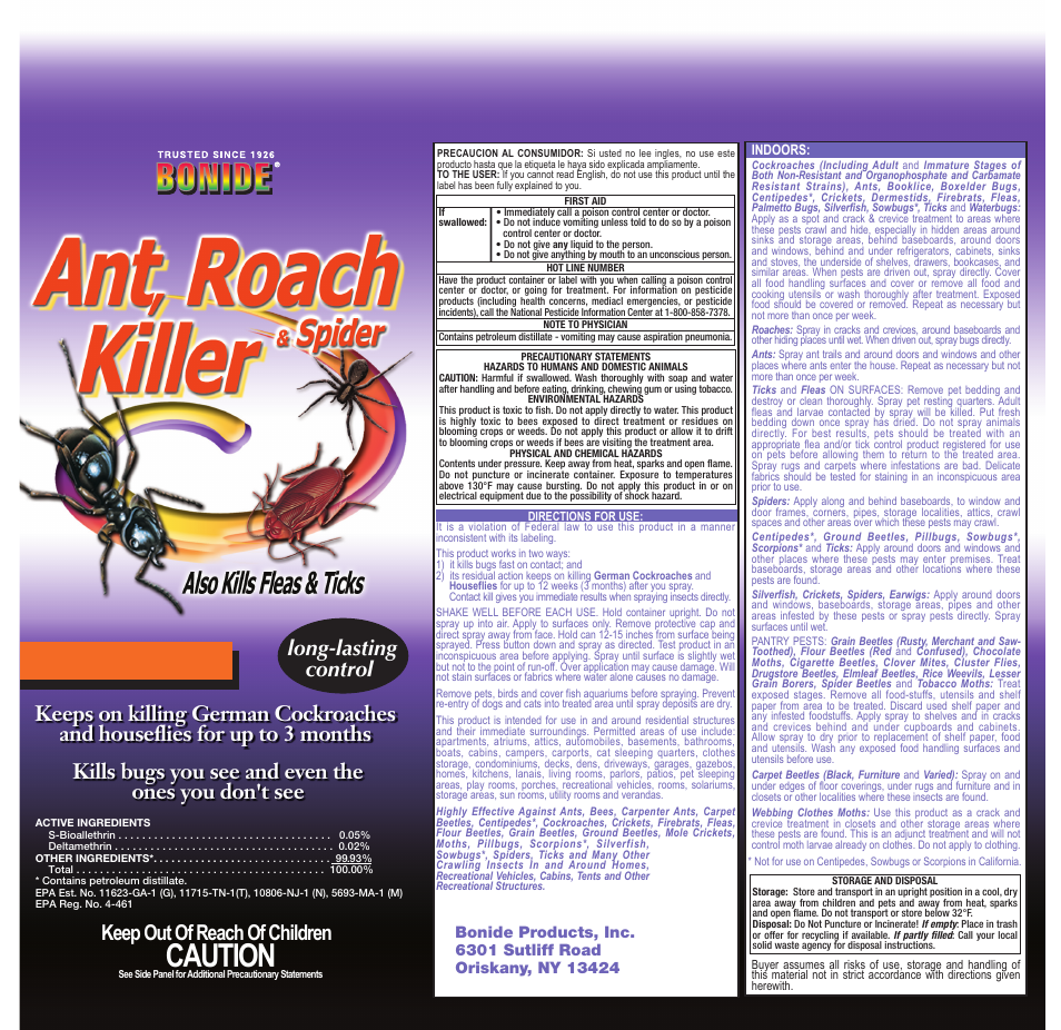 Bonide Ant, Roach & Spider Killer (Aerosol) User Manual | 1 page