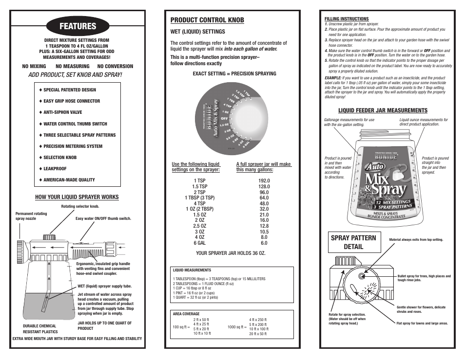 Features, Spray pattern detail, Product control knob | Add product, set knob and spray | Bonide Auto Mix Hose End Sprayer User Manual | Page 2 / 2