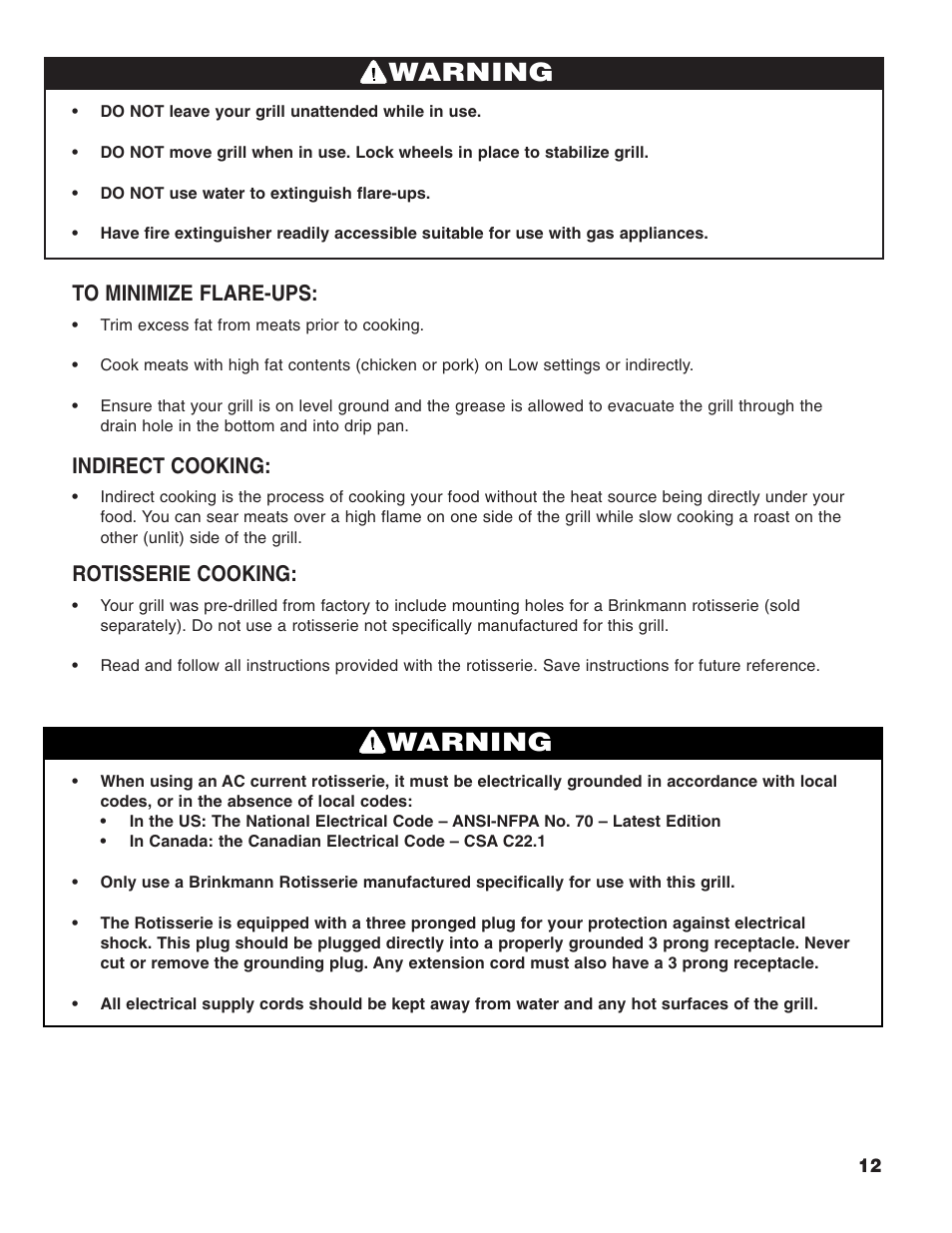 Warning, Indirect cooking, Rotisserie cooking | Brinkmann 2200 User Manual | Page 13 / 32