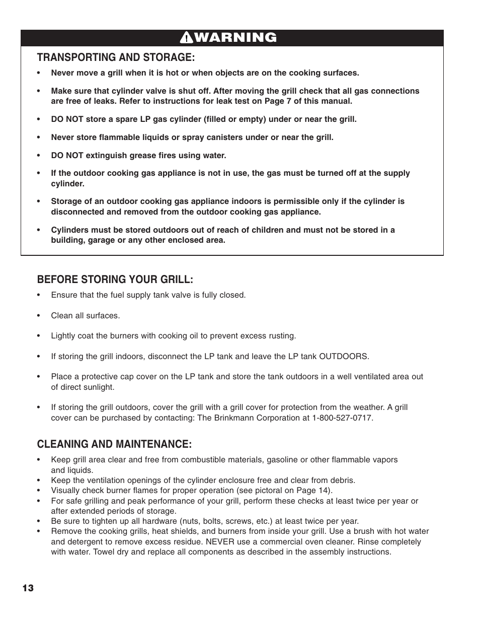 Warning, Transporting and storage, Before storing your grill | Cleaning and maintenance | Brinkmann 2200 User Manual | Page 14 / 32