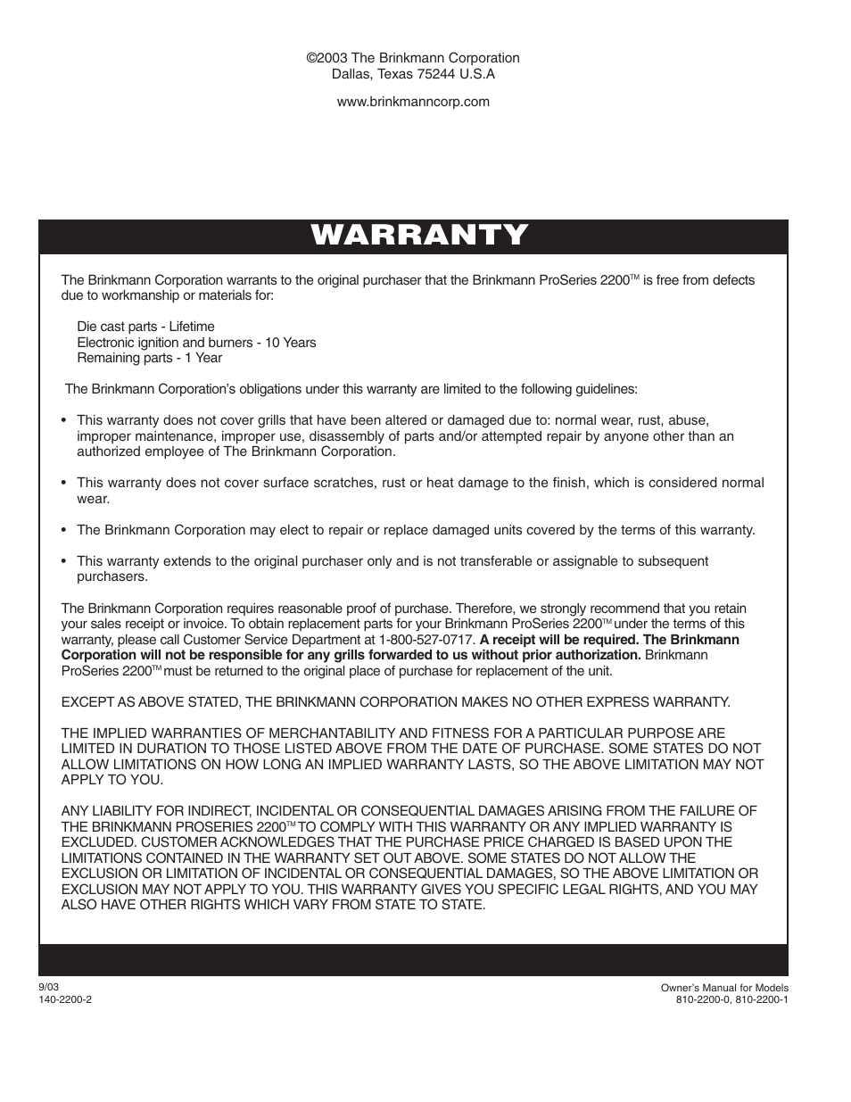 Warranty | Brinkmann 2200 User Manual | Page 32 / 32