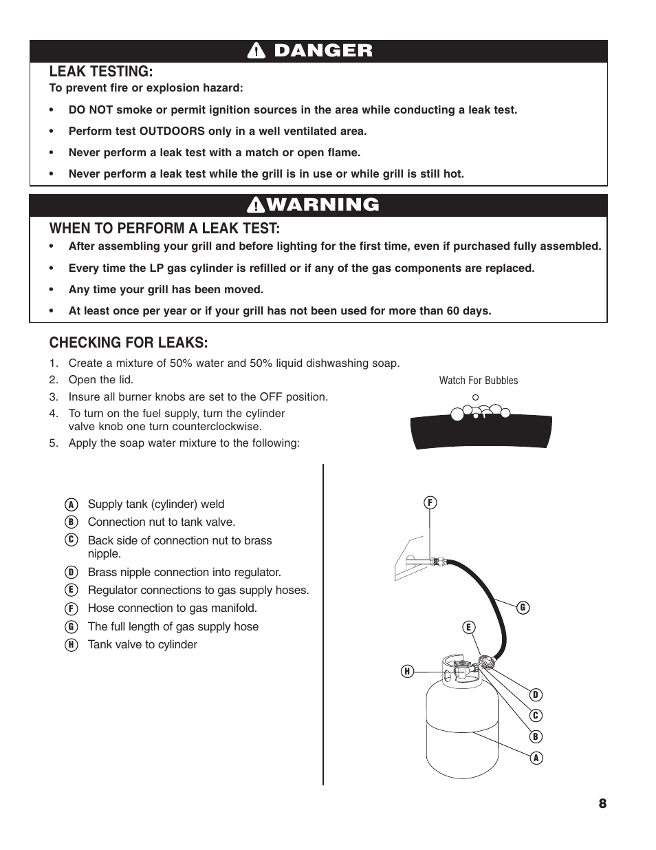 Warning, Danger, Leak testing | When to perform a leak test, Checking for leaks | Brinkmann 2200 User Manual | Page 9 / 32