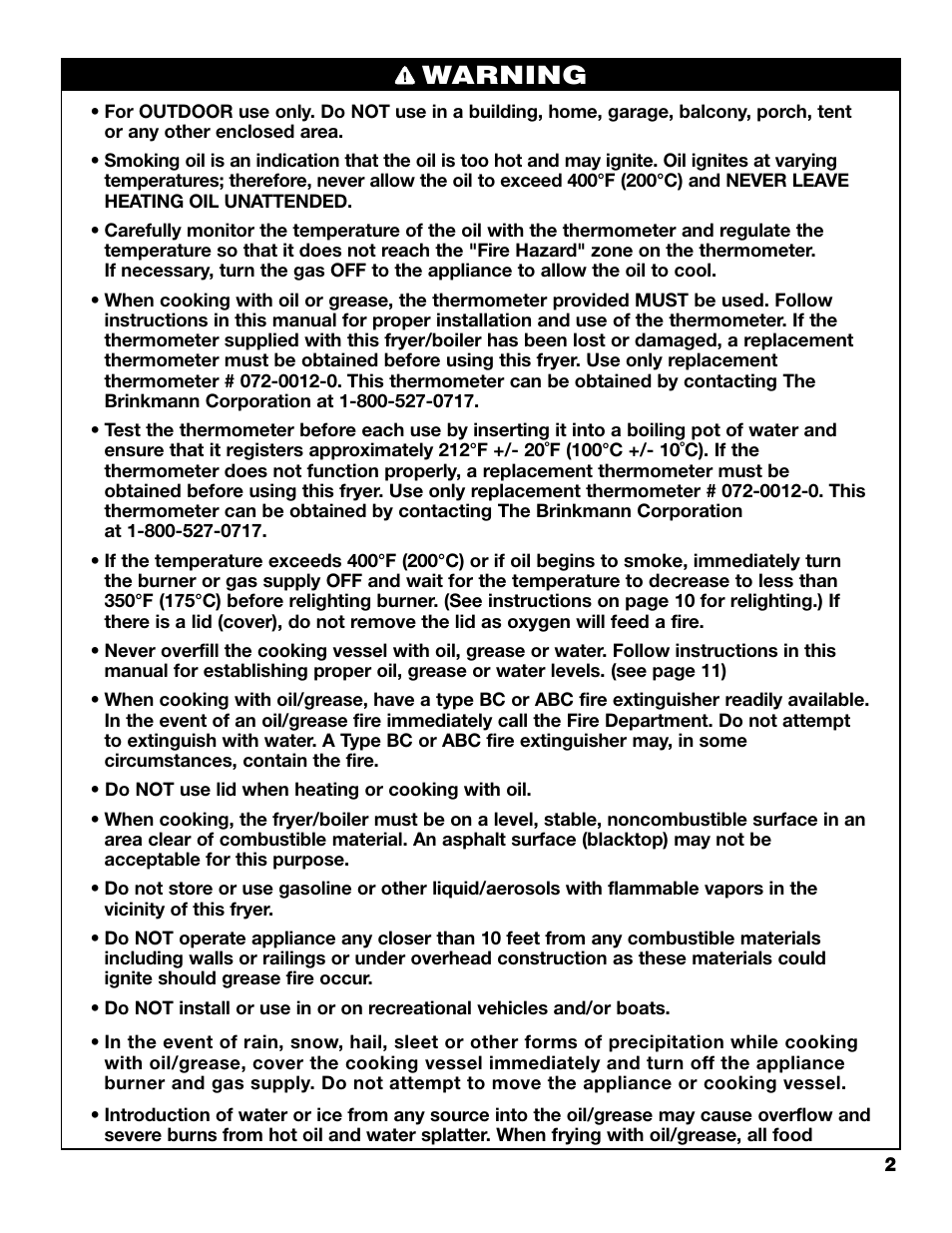Warning | Brinkmann 815-3500 User Manual | Page 3 / 16