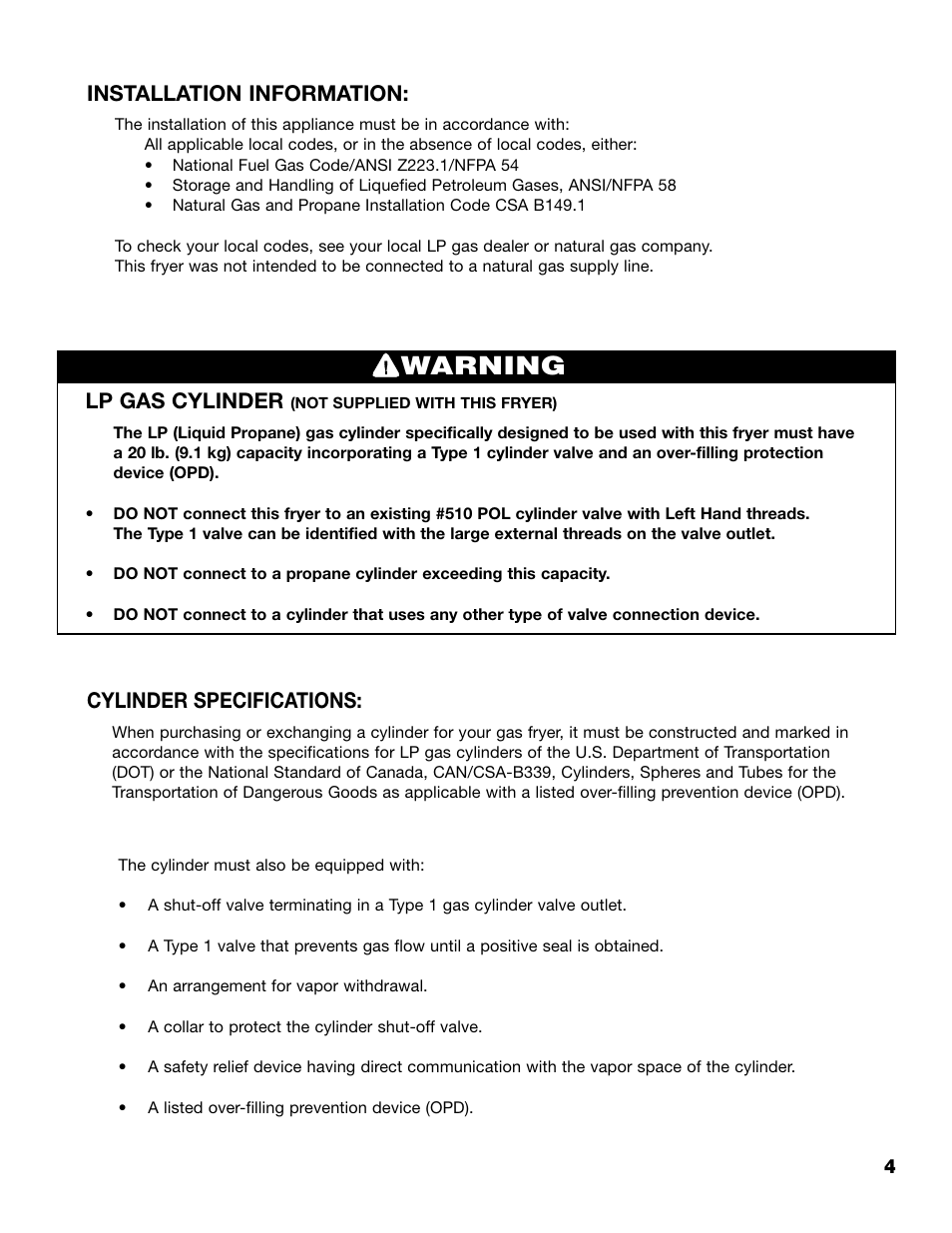 Warning, Lp gas cylinder, Cylinder specifications | Installation information | Brinkmann 815-3500 User Manual | Page 5 / 16