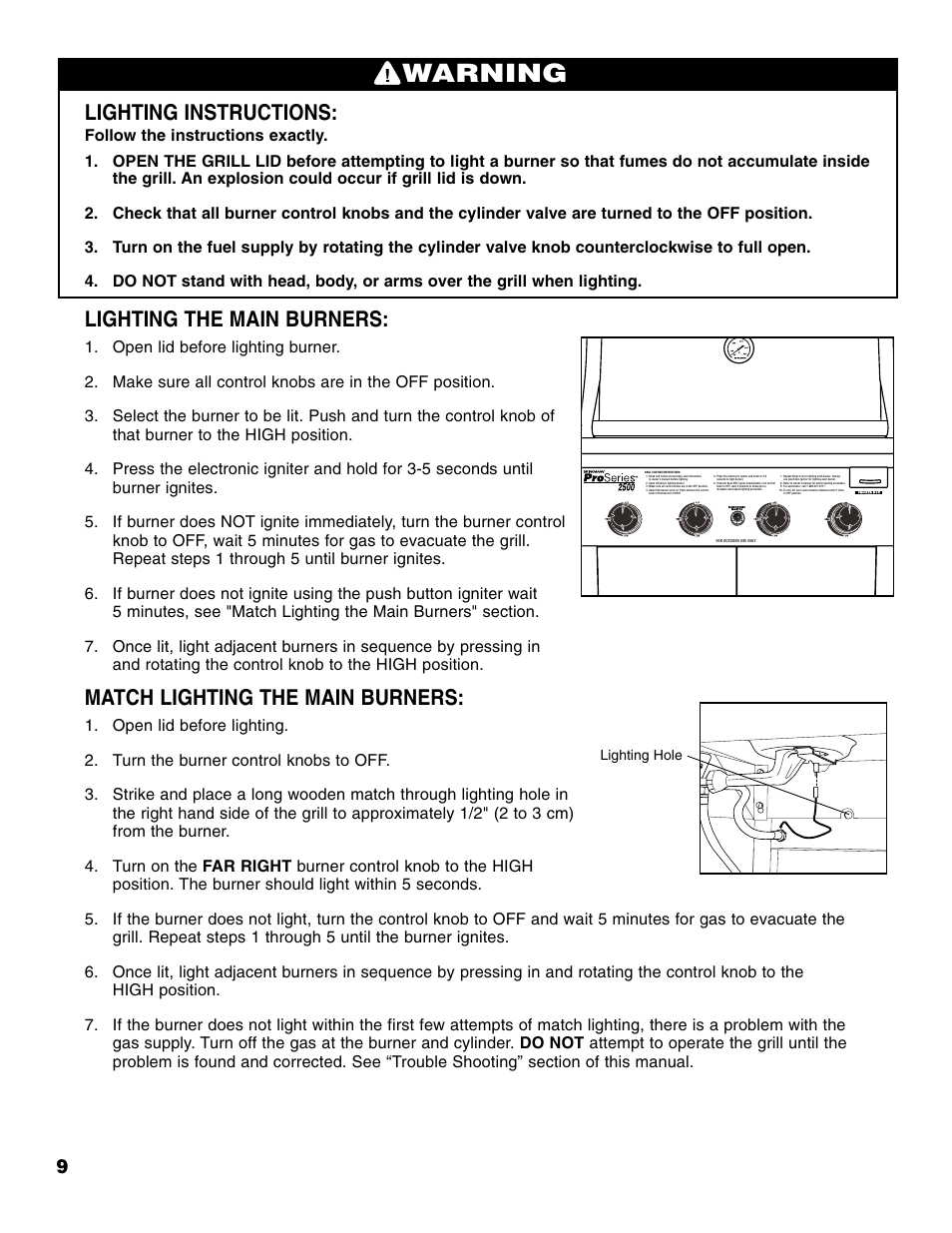 Warning, Lighting instructions, Lighting the main burners | Match lighting the main burners | Brinkmann PROSERIES Pro Series 2500 User Manual | Page 10 / 32