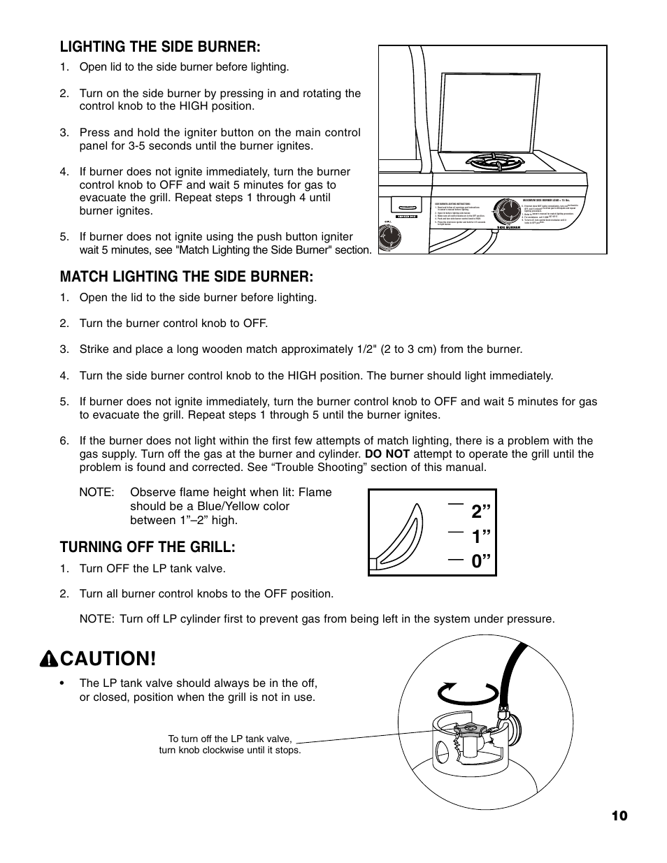 Caution, Lighting the side burner, Match lighting the side burner | Turning off the grill | Brinkmann PROSERIES Pro Series 2500 User Manual | Page 11 / 32