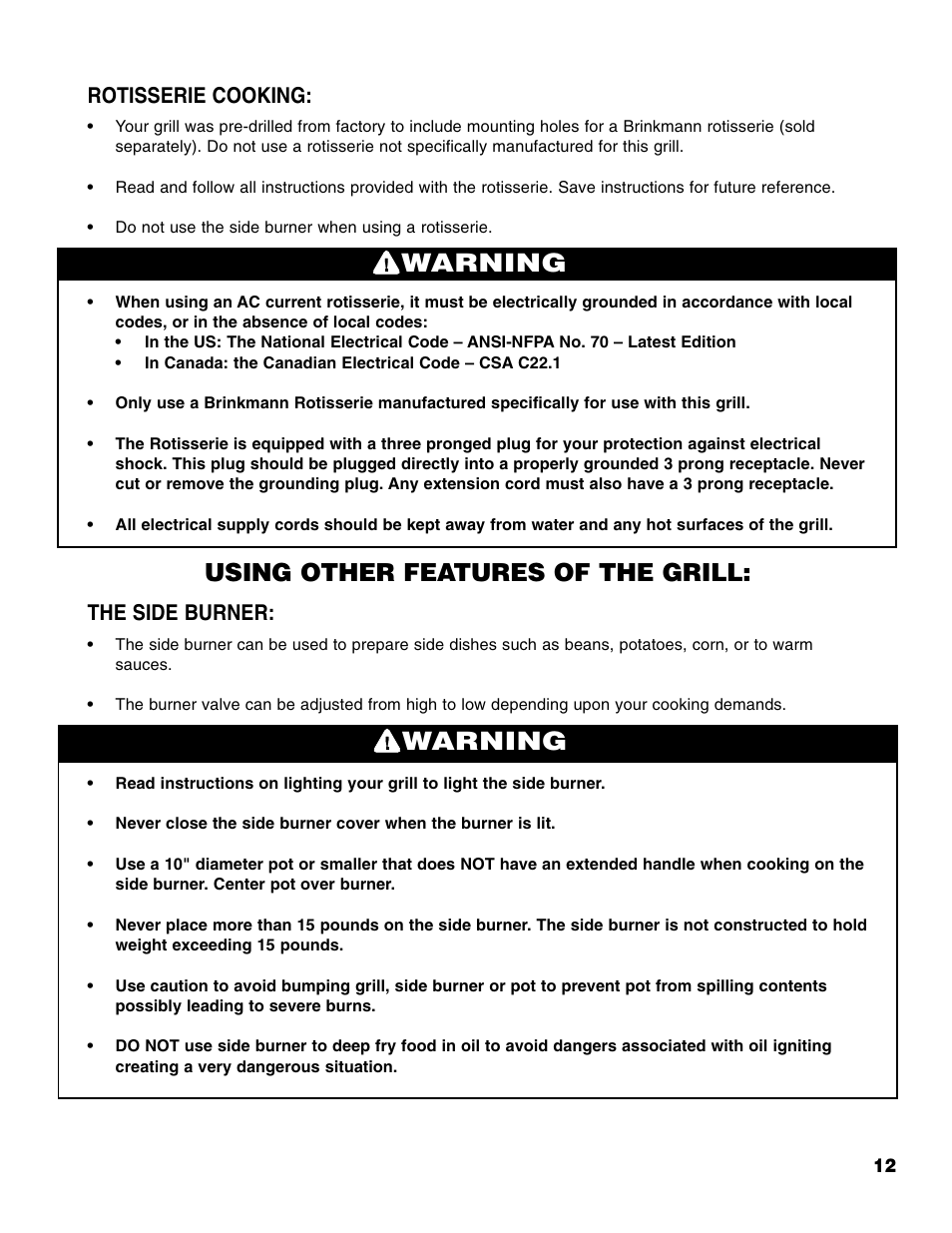 Warning, Using other features of the grill, Rotisserie cooking | The side burner | Brinkmann PROSERIES Pro Series 2500 User Manual | Page 13 / 32