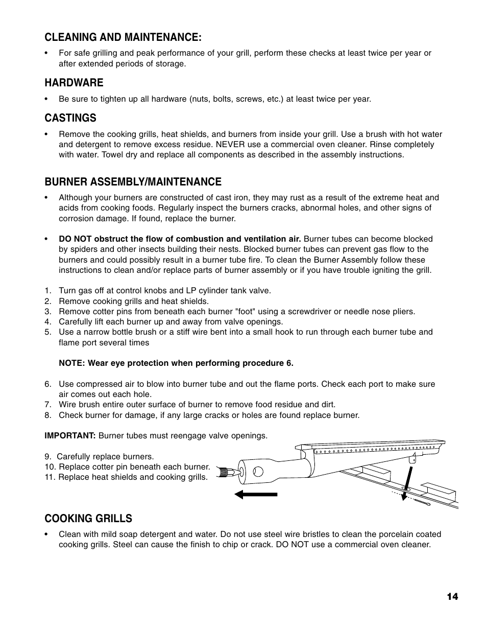 Cleaning and maintenance, Hardware, Castings | Burner assembly/maintenance, Cooking grills | Brinkmann PROSERIES Pro Series 2500 User Manual | Page 15 / 32