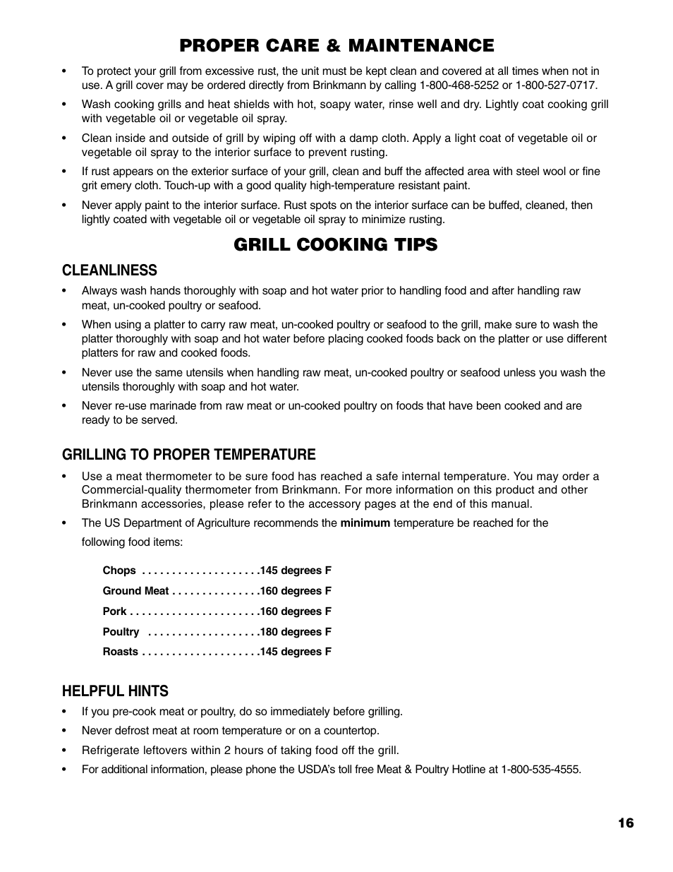 Grill cooking tips, Proper care & maintenance, Cleanliness | Grilling to proper temperature, Helpful hints | Brinkmann PROSERIES Pro Series 2500 User Manual | Page 17 / 32