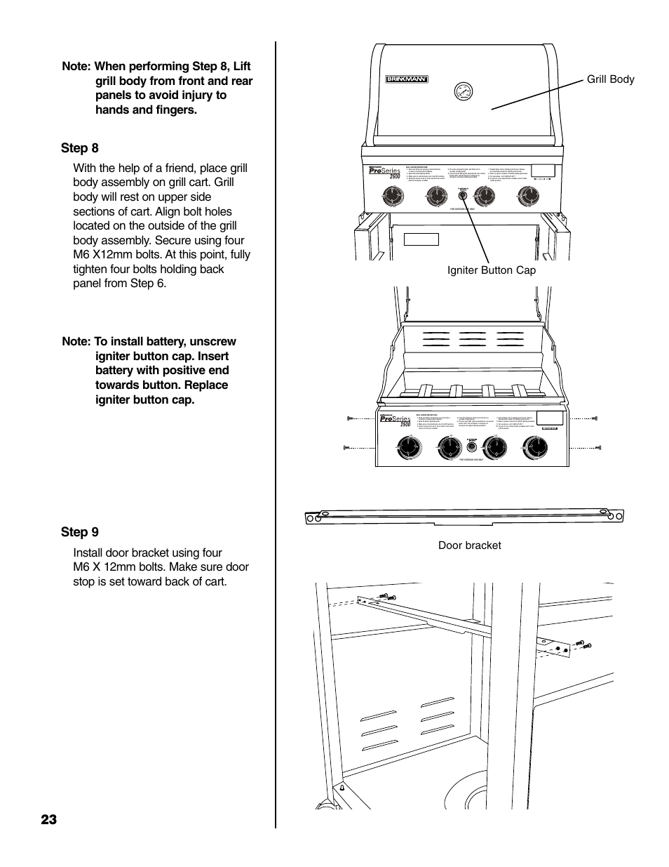 Step 8, Step 9, Igniter button cap | Grill body door bracket | Brinkmann PROSERIES Pro Series 2500 User Manual | Page 24 / 32