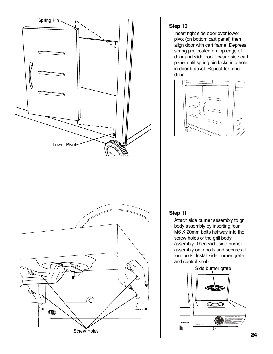 Step 10, Step 11, Side burner grate | Screw holes, Spring pin lower pivot | Brinkmann PROSERIES Pro Series 2500 User Manual | Page 25 / 32
