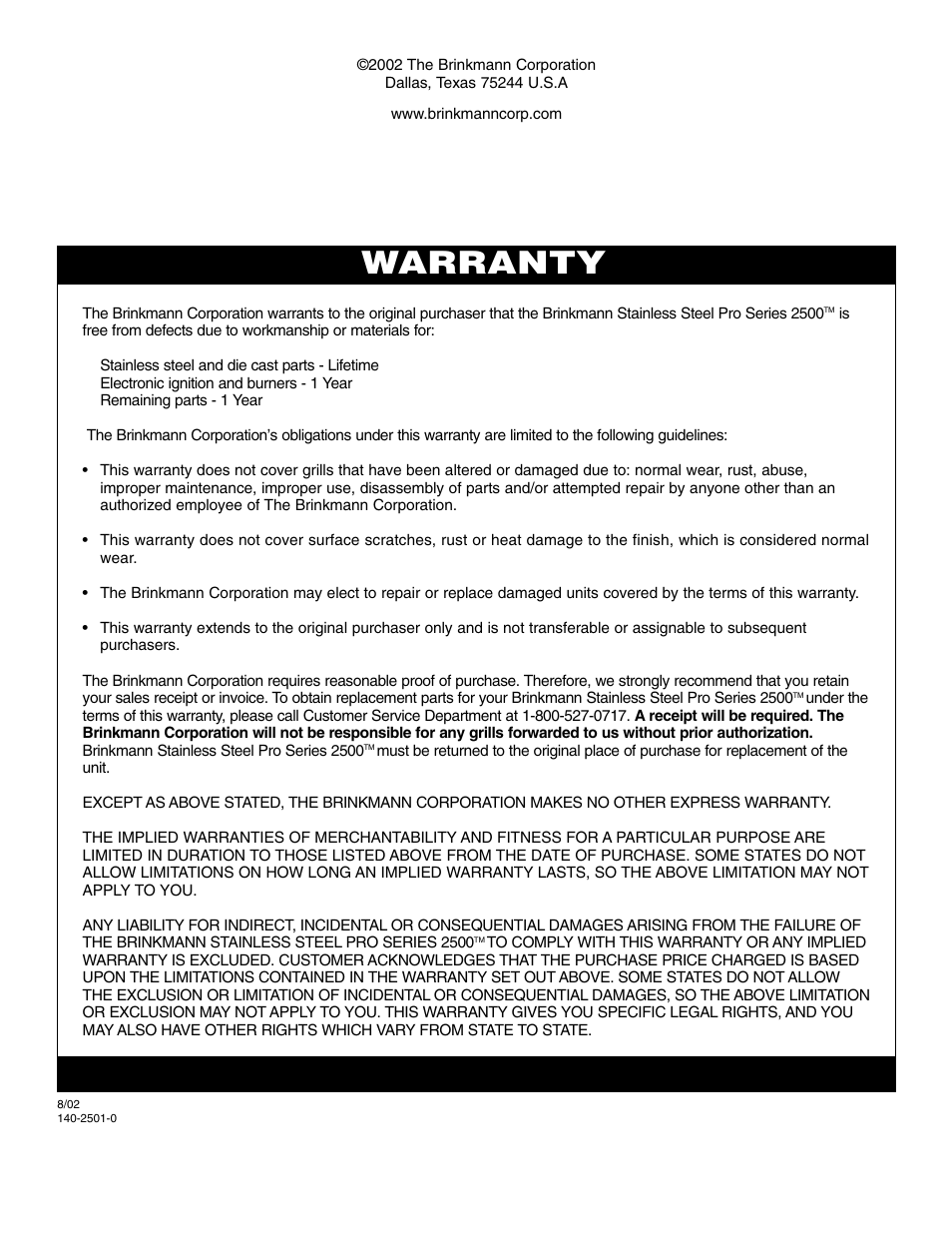 Warranty | Brinkmann PROSERIES Pro Series 2500 User Manual | Page 32 / 32