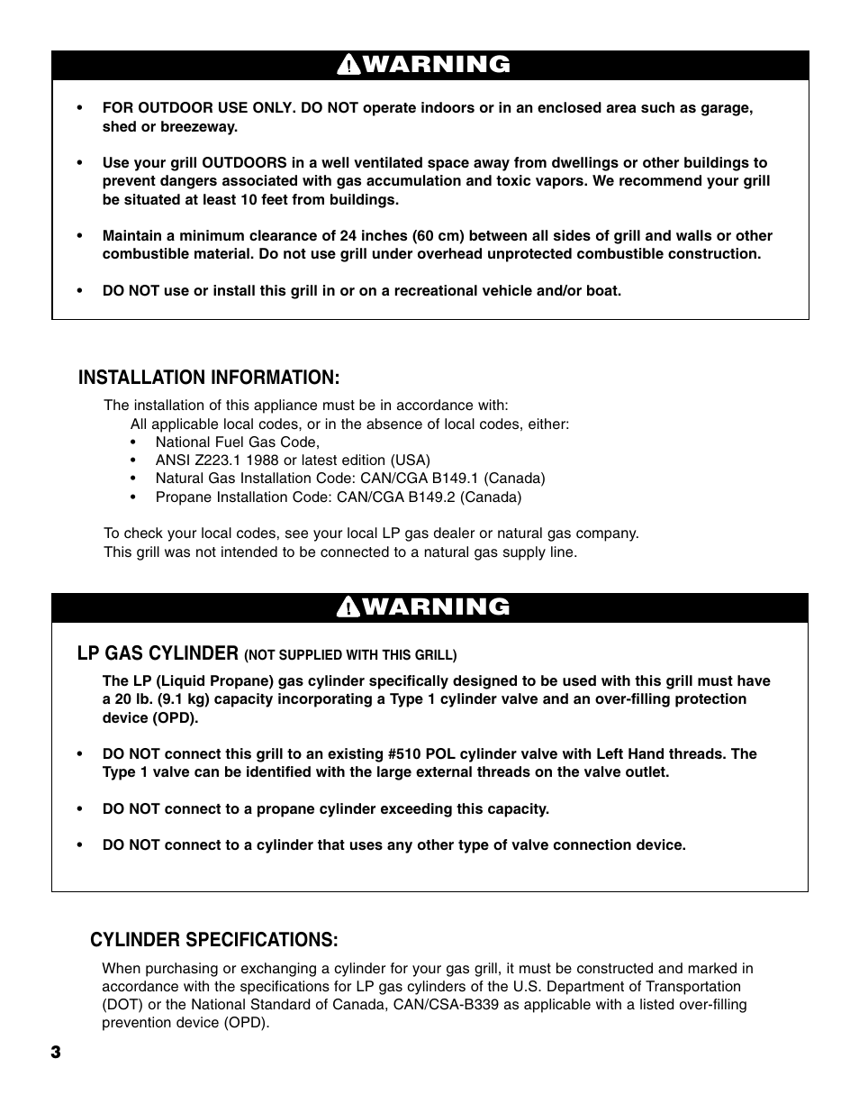 Warning, Cylinder specifications, Lp gas cylinder | Installation information | Brinkmann PROSERIES Pro Series 2500 User Manual | Page 4 / 32