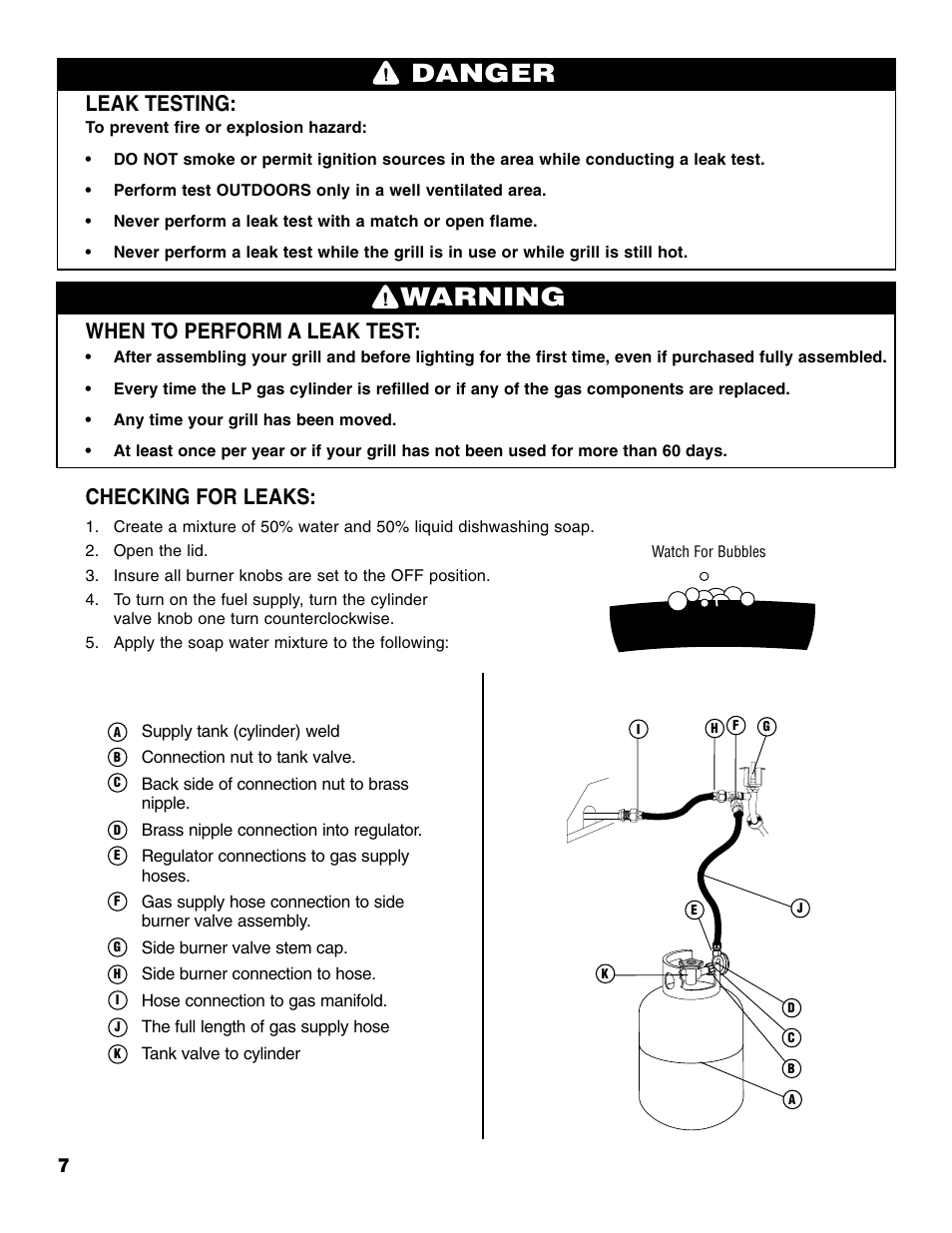 Warning, Danger, Leak testing | When to perform a leak test, Checking for leaks | Brinkmann PROSERIES Pro Series 2500 User Manual | Page 8 / 32