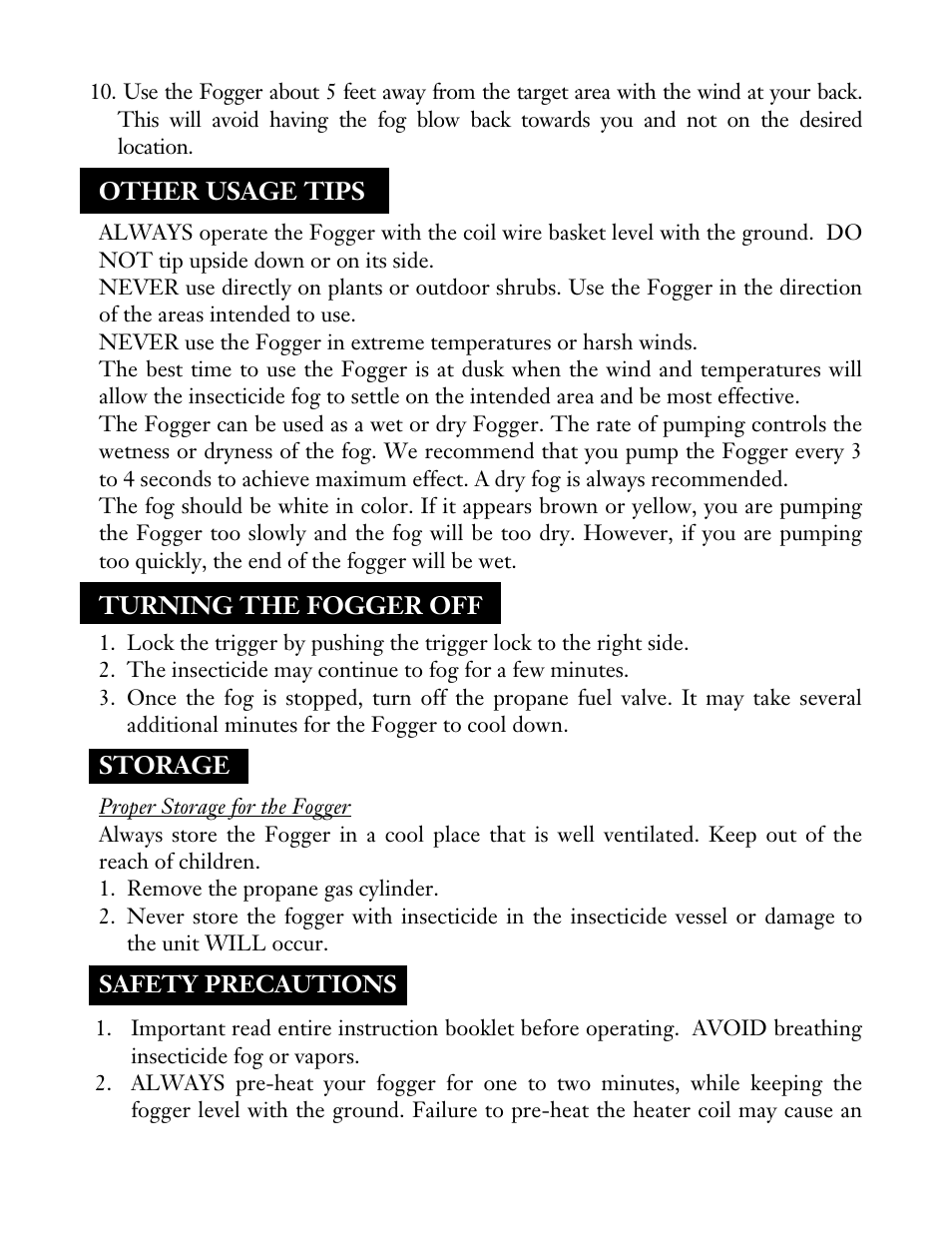 Other usage tips, Turning the fogger off, Storage | Safety precautions | Bonide Fog Rx Insect Fogger User Manual | Page 4 / 12