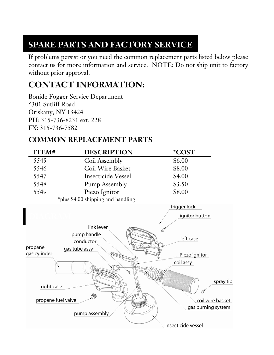 Spare parts and factory service, Contact information, Diagram | Common replacement parts | Bonide Fog Rx Insect Fogger User Manual | Page 7 / 12