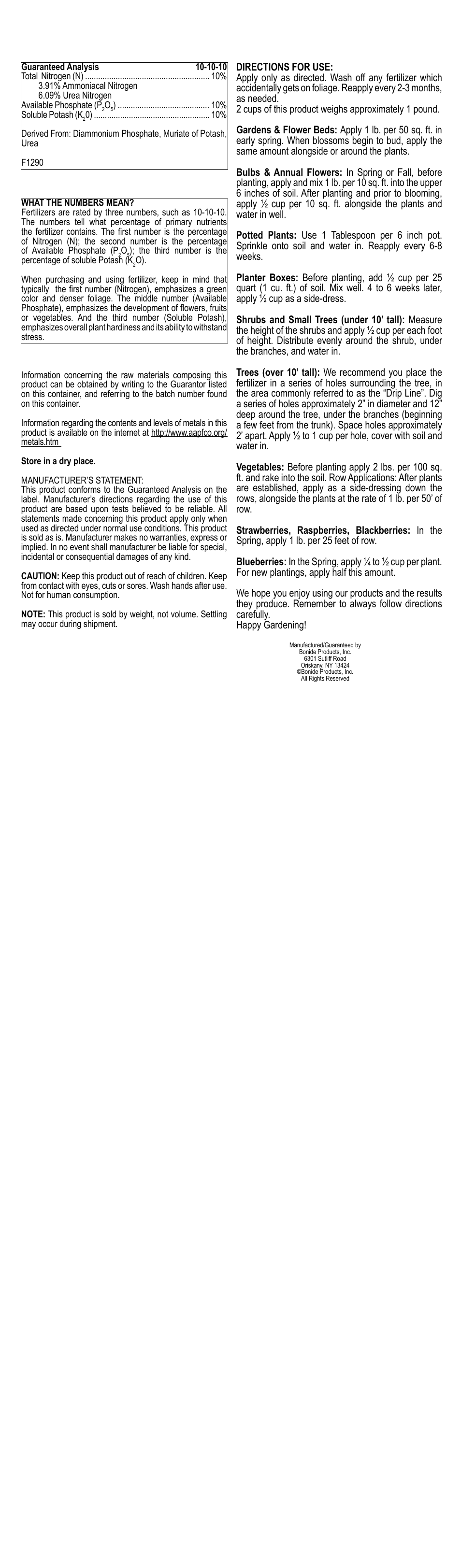 Bonide Garden Rich All Purpose Plant Food 10-10-10 User Manual | 1 page