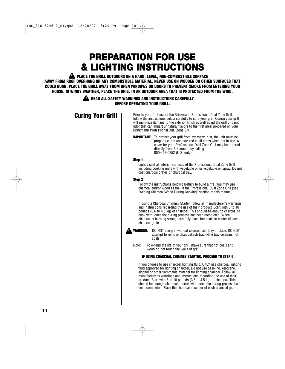 Preparation for use & lighting instructions, Curing your grill | Brinkmann Dual Zone Charcoal Grill User Manual | Page 12 / 40