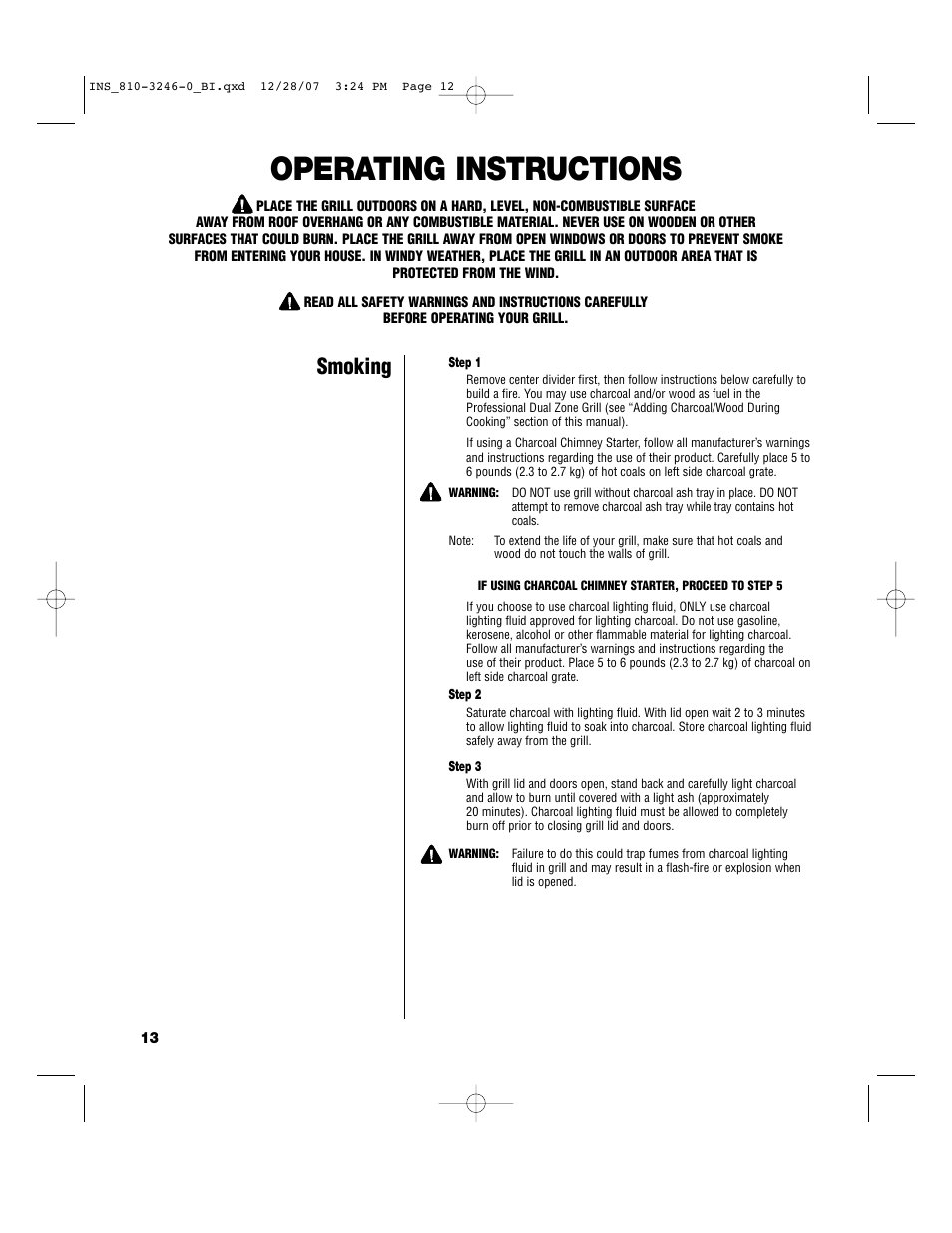 Operating instructions, Smoking | Brinkmann Dual Zone Charcoal Grill User Manual | Page 14 / 40