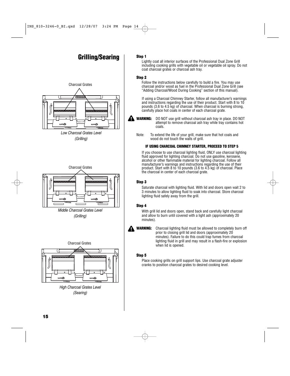 Grilling/searing | Brinkmann Dual Zone Charcoal Grill User Manual | Page 16 / 40