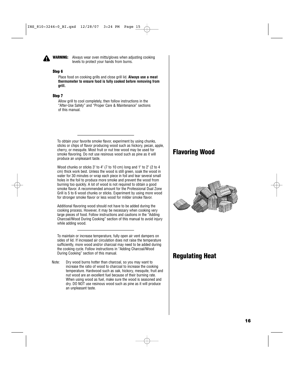 Flavoring wood, Regulating heat | Brinkmann Dual Zone Charcoal Grill User Manual | Page 17 / 40