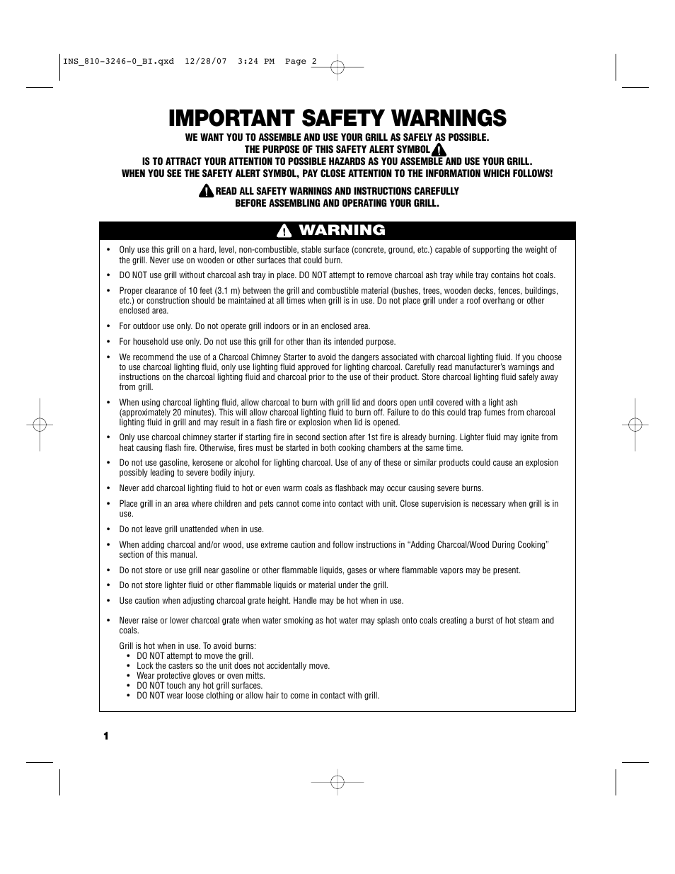 Important safety warnings, Warning | Brinkmann Dual Zone Charcoal Grill User Manual | Page 2 / 40