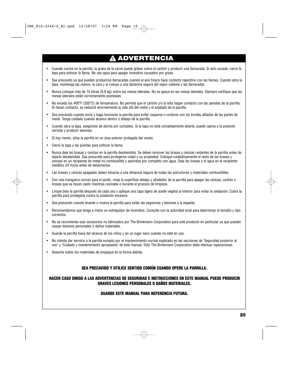 Advertencia | Brinkmann Dual Zone Charcoal Grill User Manual | Page 21 / 40