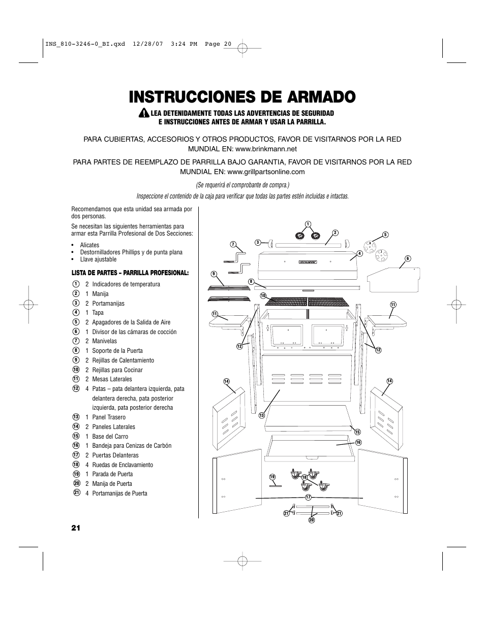 Instrucciones de armado | Brinkmann Dual Zone Charcoal Grill User Manual | Page 22 / 40