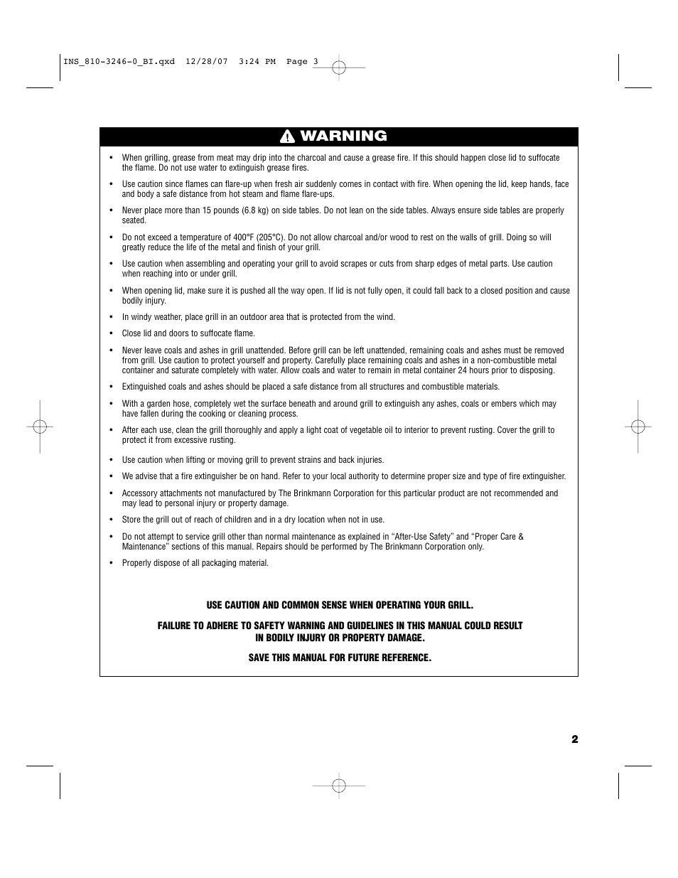 Warning | Brinkmann Dual Zone Charcoal Grill User Manual | Page 3 / 40