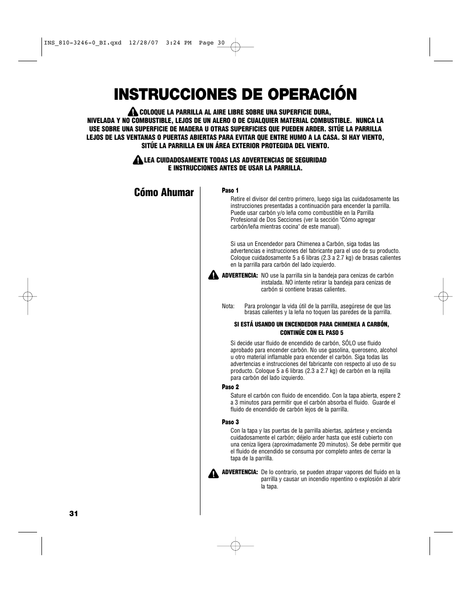 Instrucciones de operación, Cómo ahumar | Brinkmann Dual Zone Charcoal Grill User Manual | Page 32 / 40