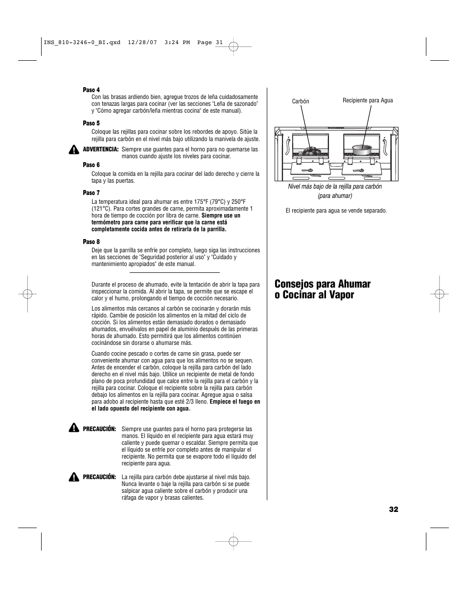 Consejos para ahumar o cocinar al vapor | Brinkmann Dual Zone Charcoal Grill User Manual | Page 33 / 40