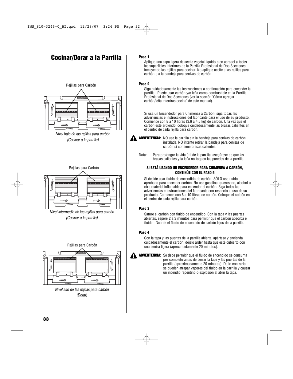 Cocinar/dorar a la parrilla | Brinkmann Dual Zone Charcoal Grill User Manual | Page 34 / 40