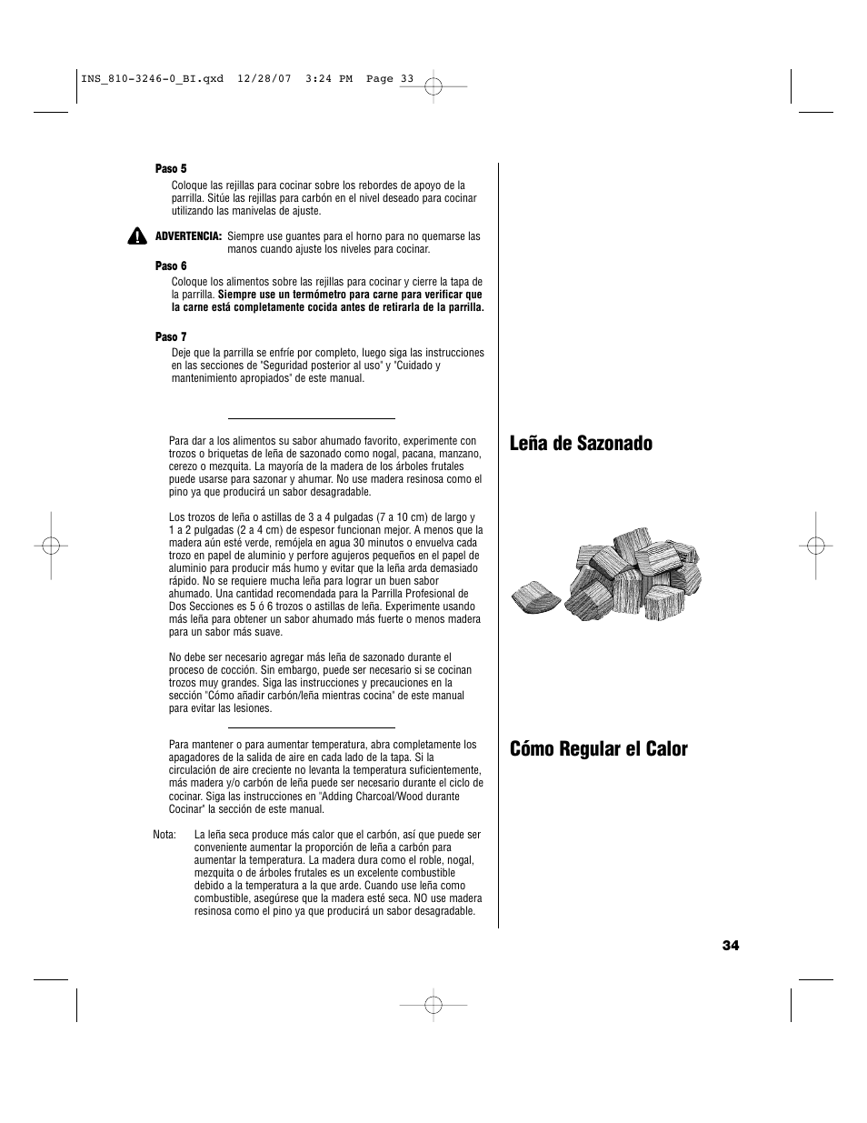 Leña de sazonado cómo regular el calor | Brinkmann Dual Zone Charcoal Grill User Manual | Page 35 / 40