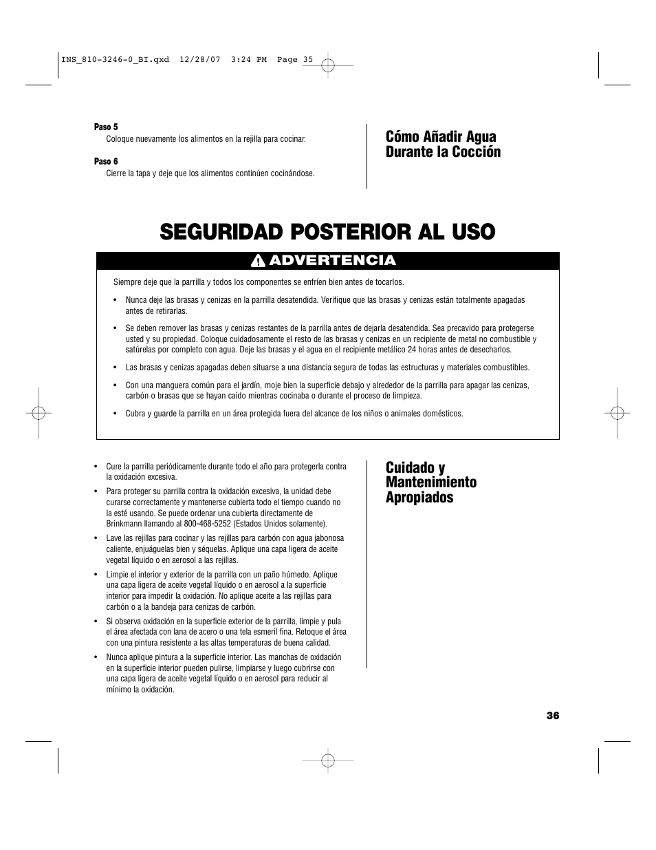 Seguridad posterior al uso, Cómo añadir agua durante la cocción, Cuidado y mantenimiento apropiados | Advertencia | Brinkmann Dual Zone Charcoal Grill User Manual | Page 37 / 40