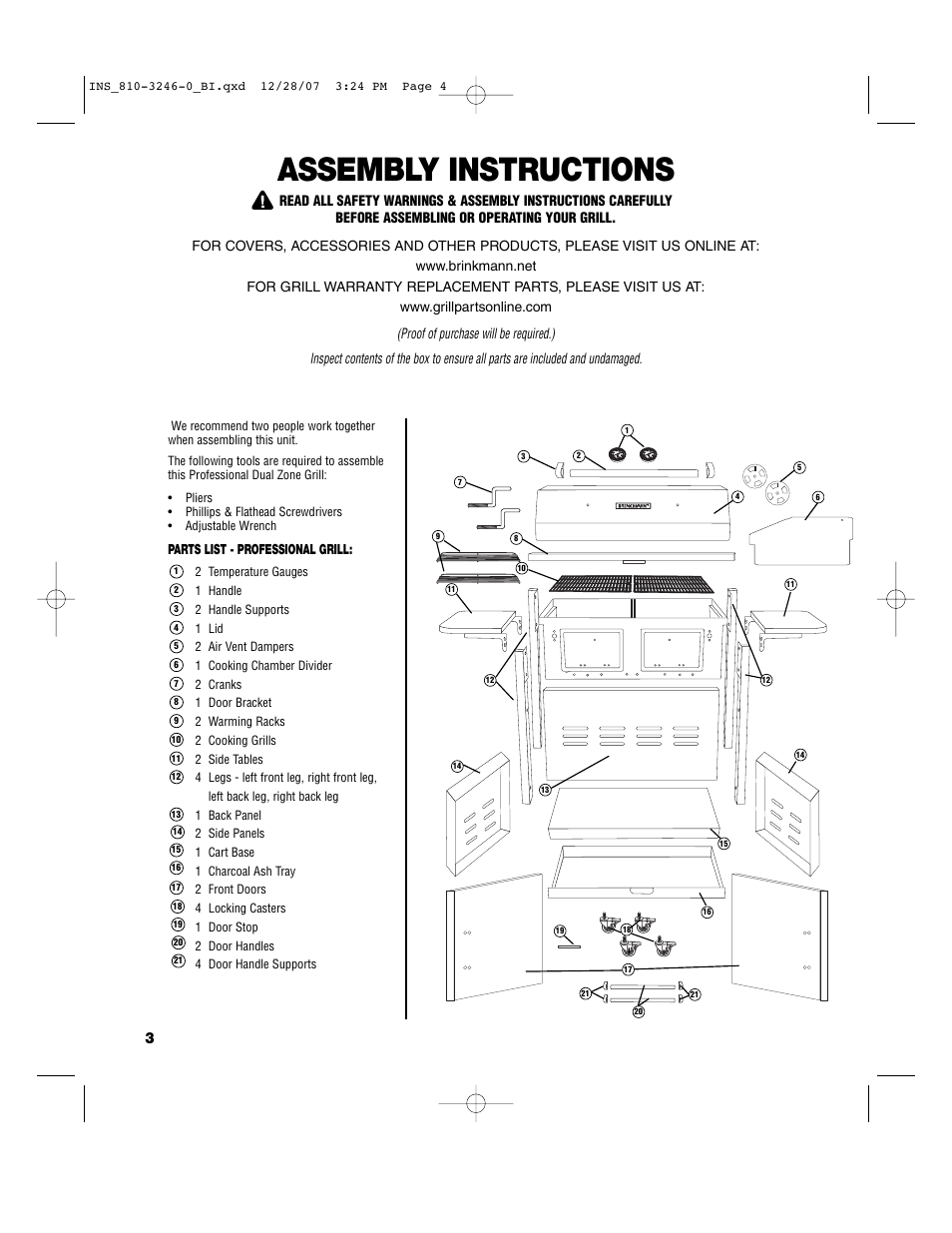 Assembly instructions | Brinkmann Dual Zone Charcoal Grill User Manual | Page 4 / 40