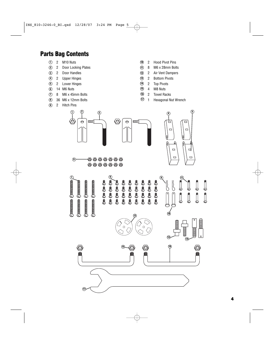 Parts bag contents | Brinkmann Dual Zone Charcoal Grill User Manual | Page 5 / 40