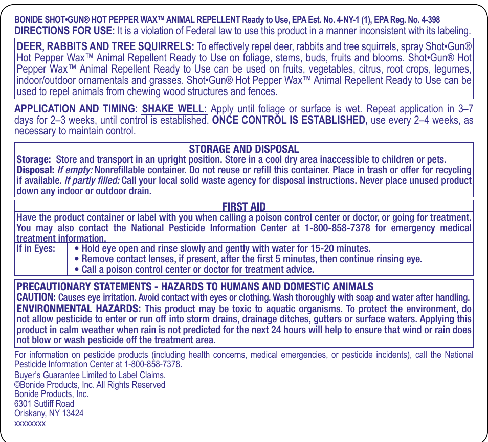 Bonide Hot Pepper Wax Animal Repellent User Manual | 1 page