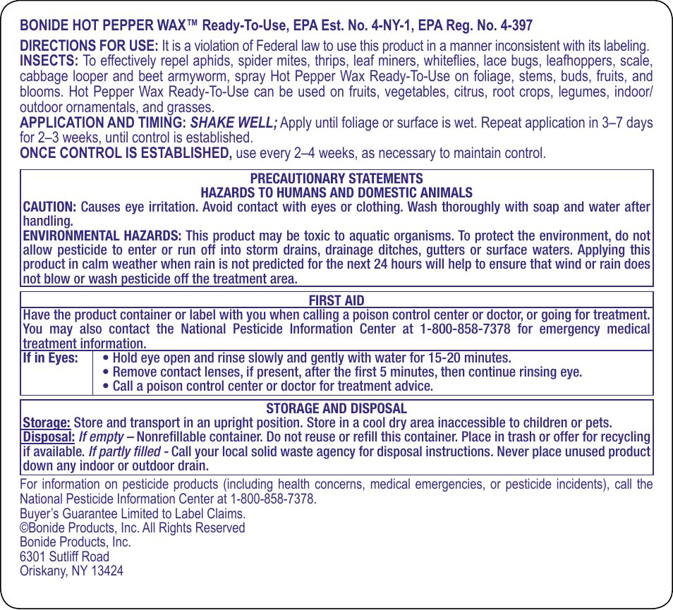 Bonide Hot Pepper Wax Insect Repel. RTU  User Manual | 1 page