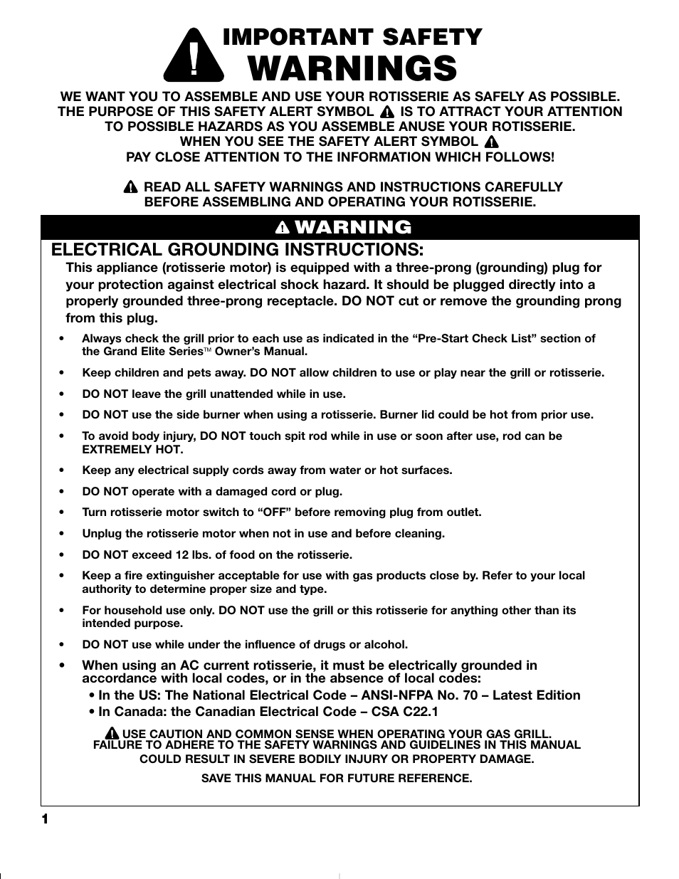 Warnings, Important safety, Warning | Electrical grounding instructions | Brinkmann ROTISSERIE 4905 User Manual | Page 2 / 8