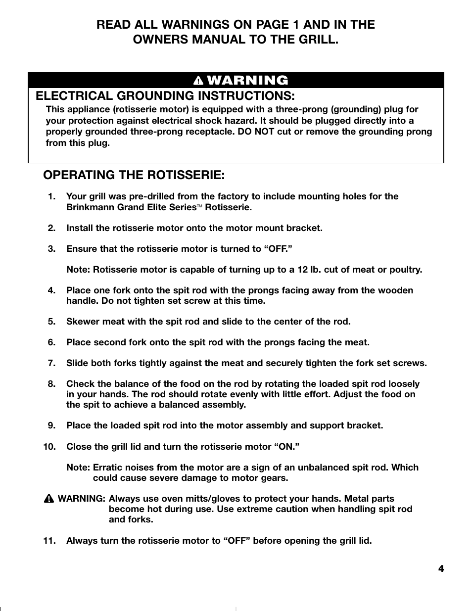 Warning, Electrical grounding instructions, Operating the rotisserie | Brinkmann ROTISSERIE 4905 User Manual | Page 5 / 8