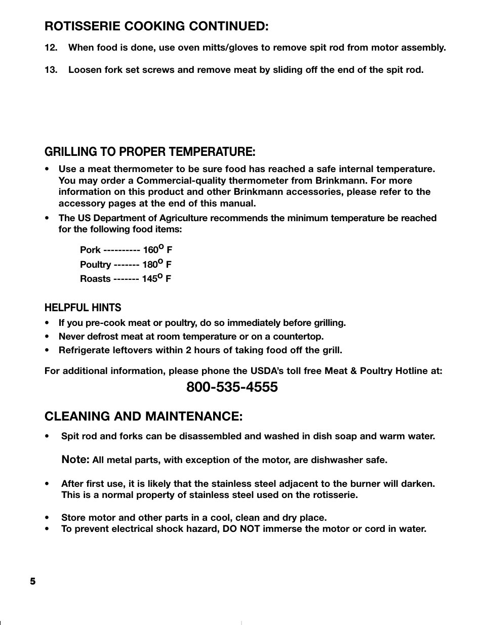 Grilling to proper temperature, Cleaning and maintenance, Rotisserie cooking continued | Brinkmann ROTISSERIE 4905 User Manual | Page 6 / 8