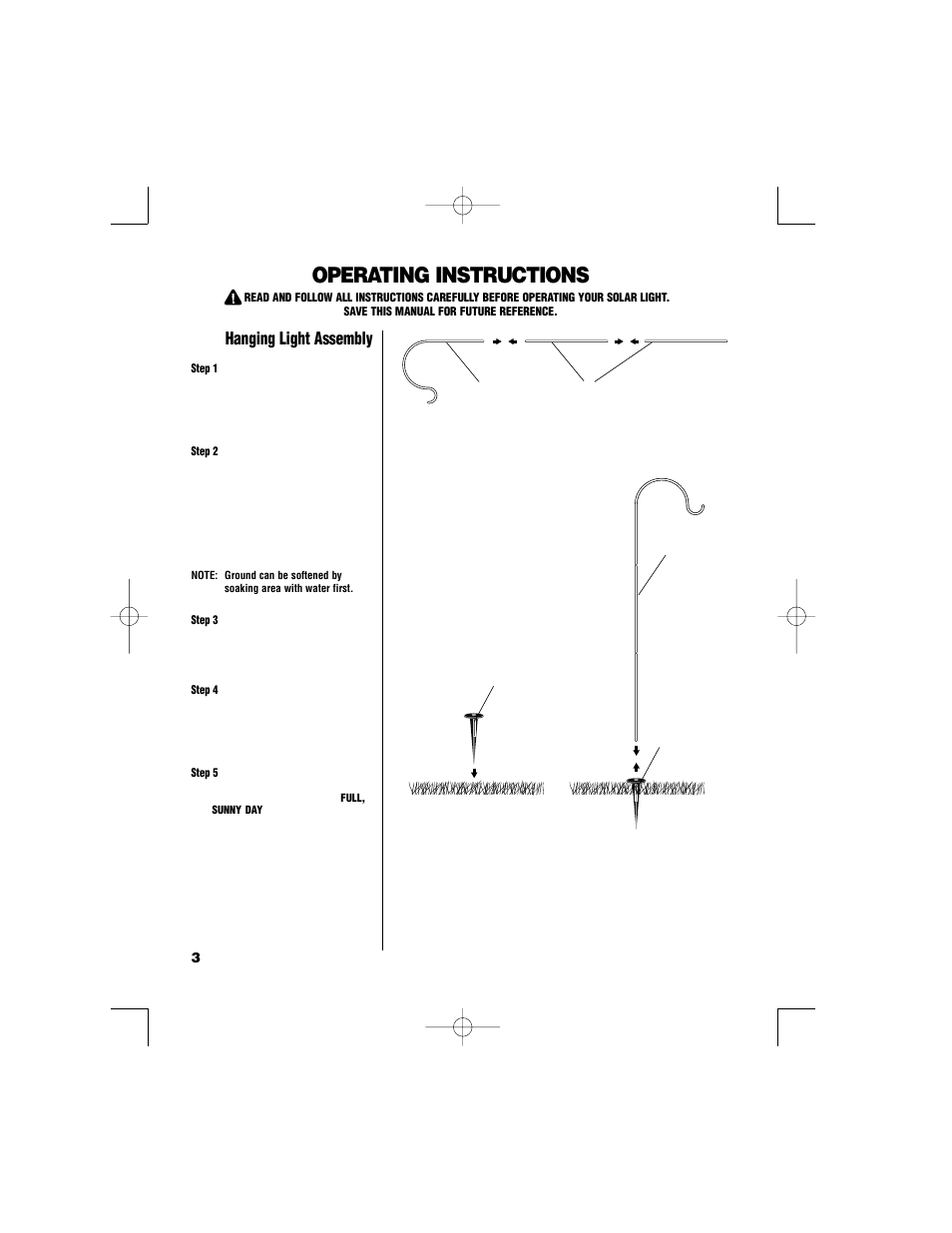 Operating instructions, Hanging light assembly | Brinkmann Hanging Cypress Extra-Long Solar Powered Accent Lights 822-1526-2 User Manual | Page 4 / 8